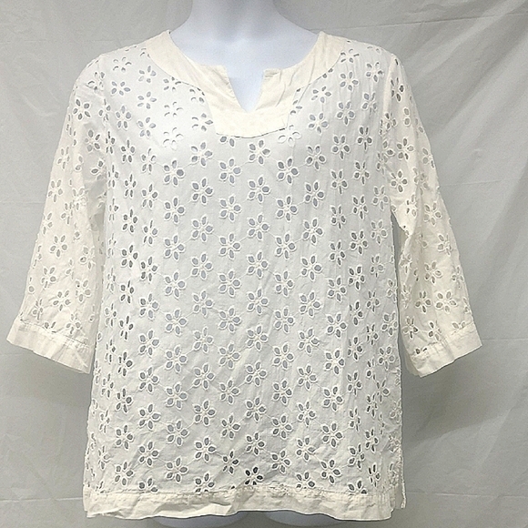 Tunic Blouse Top Cotton Floral Eyelet Lace Sheer Elbow Short Sleeve V Neck Boho - Picture 1 of 7